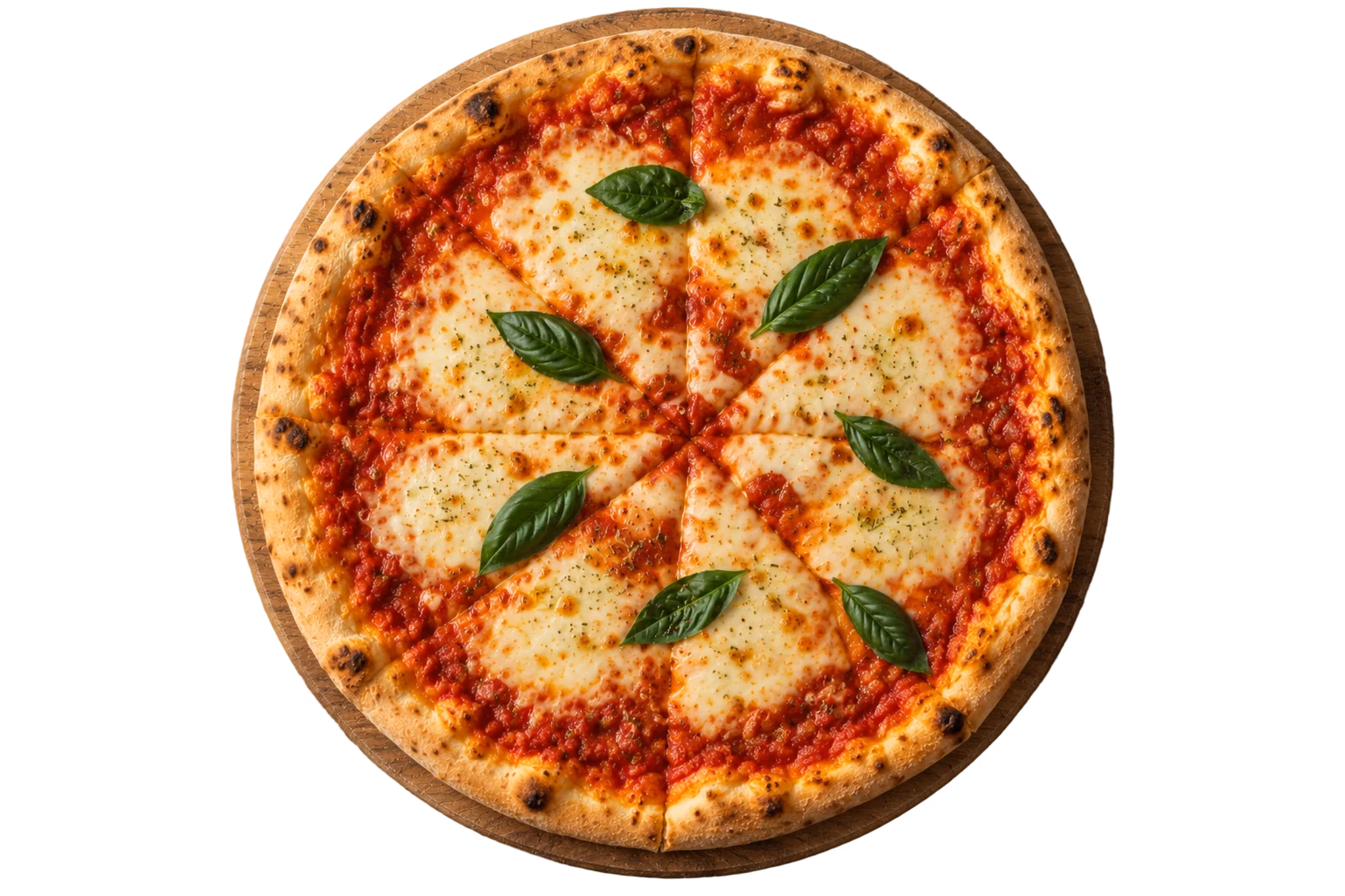 Margherita pizza on a wooden board